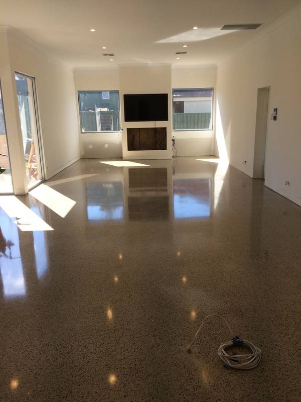 Lounge room, brown polished concrete